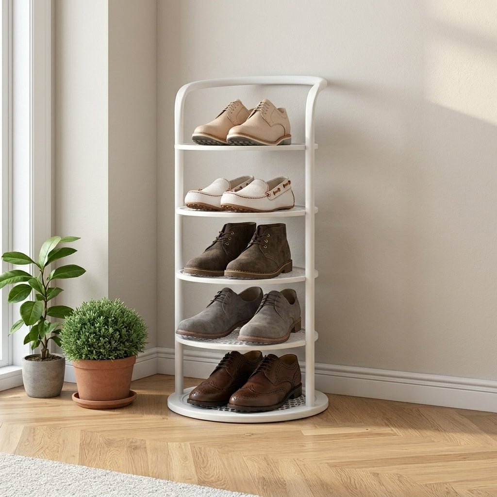 Round Tiered Metal Shoe Rack Organiser Storage - Shoe Racks - White - Oaksoho