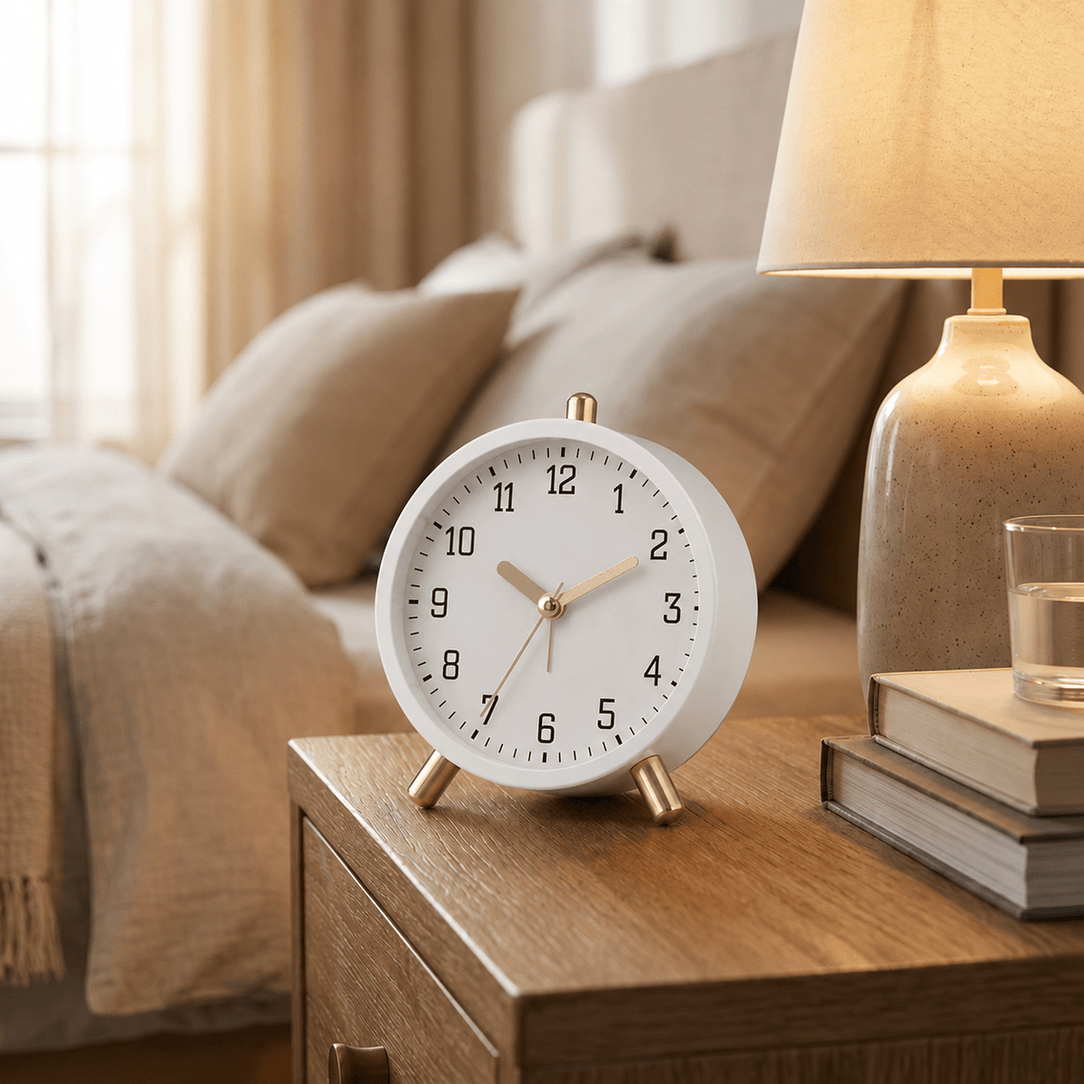 Scandinavian Round Silent Desk Clock with Brass Accents - Desk Clock - White - Oaksoho