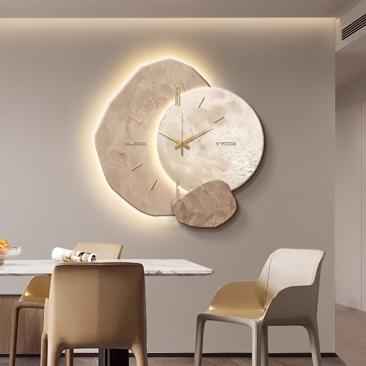 Sculptural Wall Clock with Warm LED Backlight Accent - Wall Clocks - Beige - Oaksoho