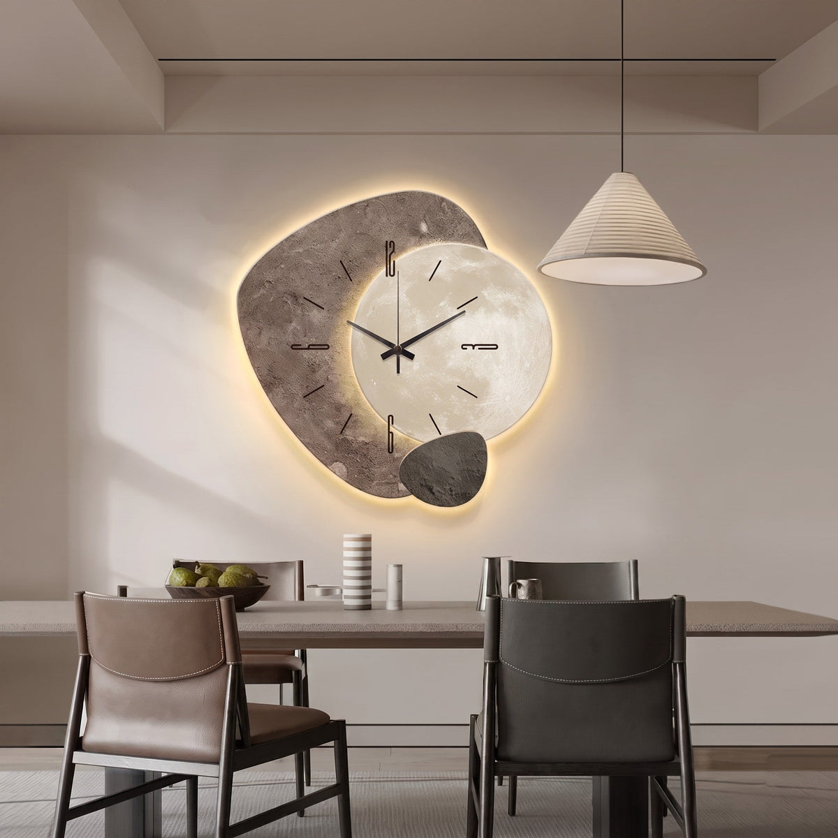 Sculptural Wall Clock with Warm LED Backlight Accent - Wall Clocks - Grey - Oaksoho