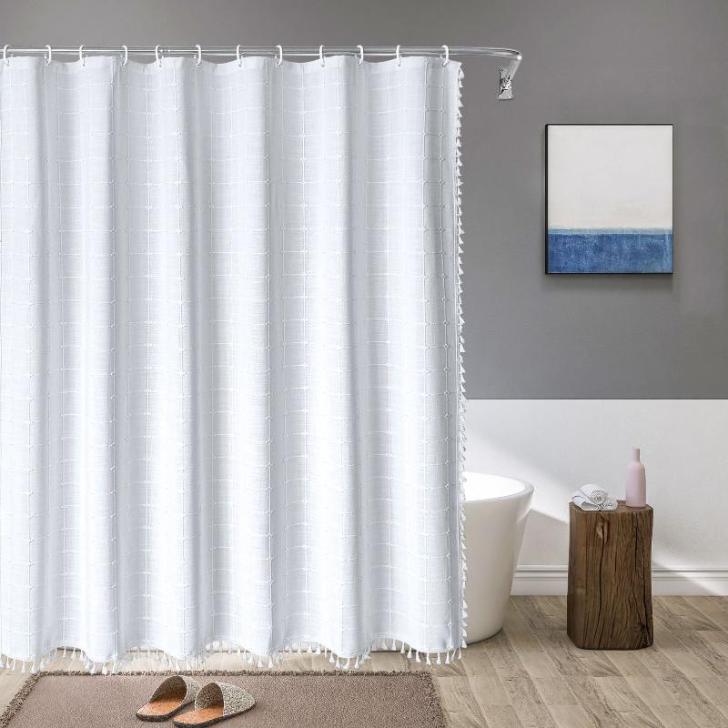 Shower Curtain with Fringed Hem - Shower Curtain - White Checked - Oaksoho
