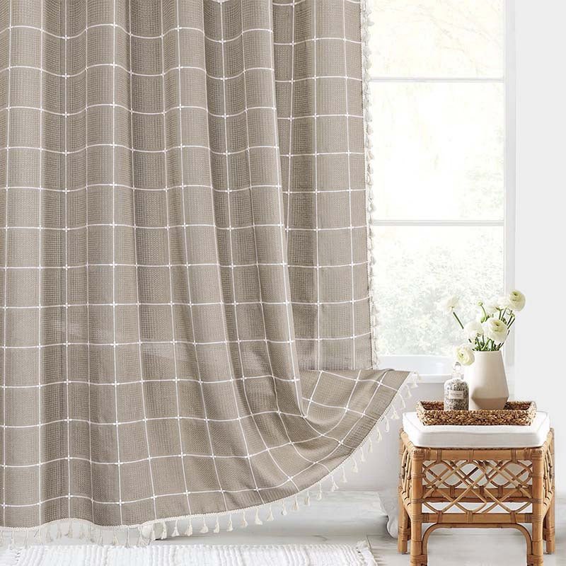 Shower Curtain with Fringed Hem - Shower Curtain - Brown Checked - Oaksoho