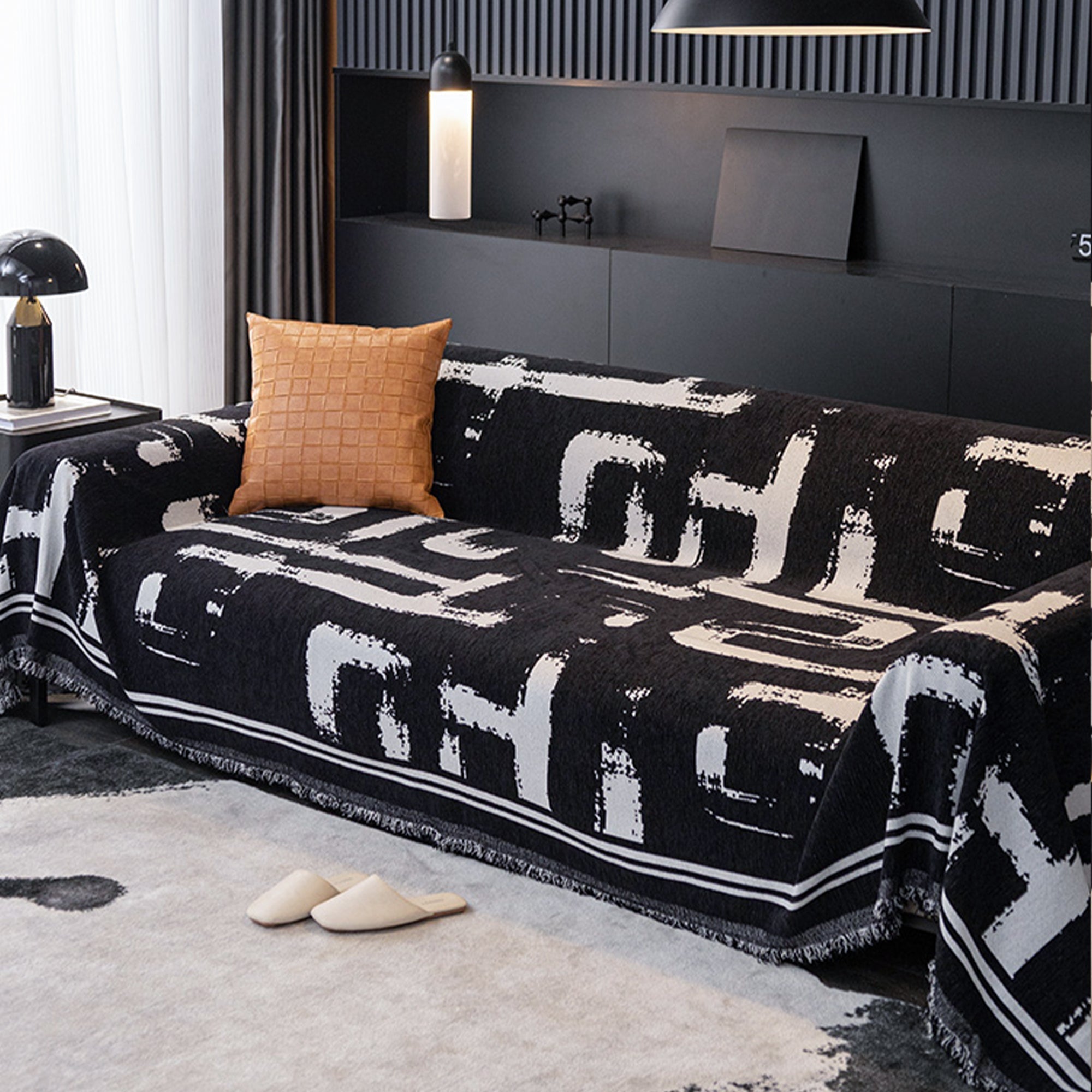 Sofa Cover with Abstract Pattern and Fringes - Living Room - Black Ink Stripes - Oaksoho