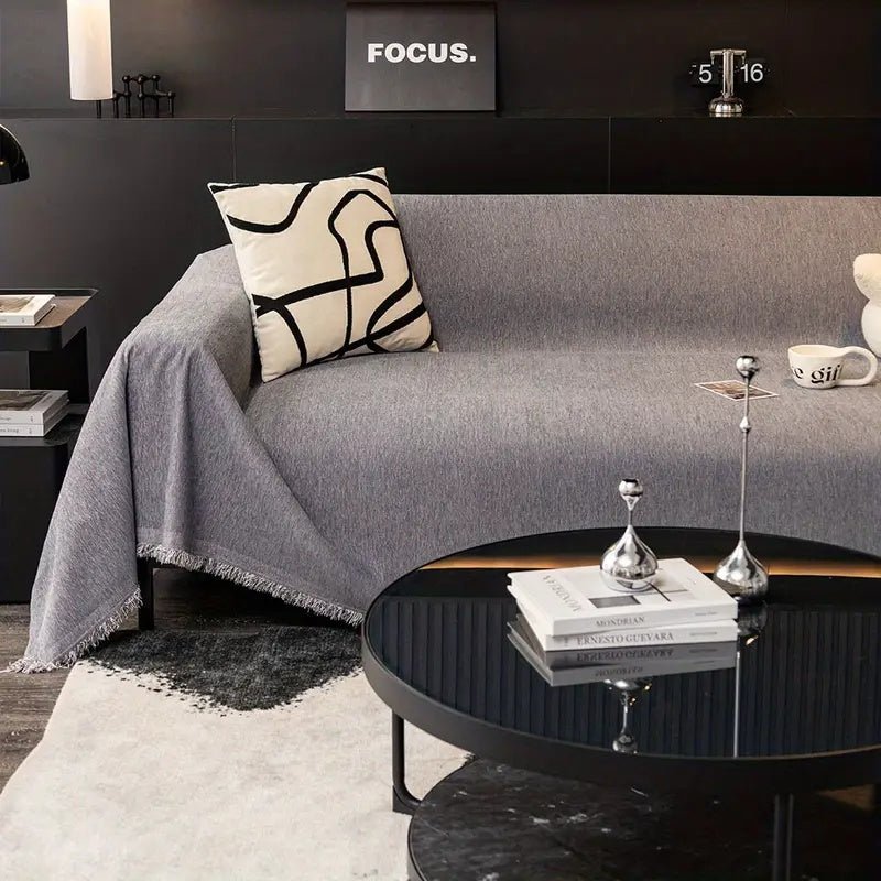 Sofa Throw with Fringes and Water - Repellent Function - Living Room - Grey - Oaksoho