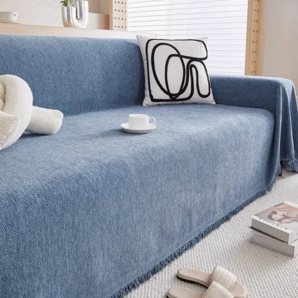 Sofa Throw with Fringes and Water - Repellent Function - Living Room - Blue - Oaksoho