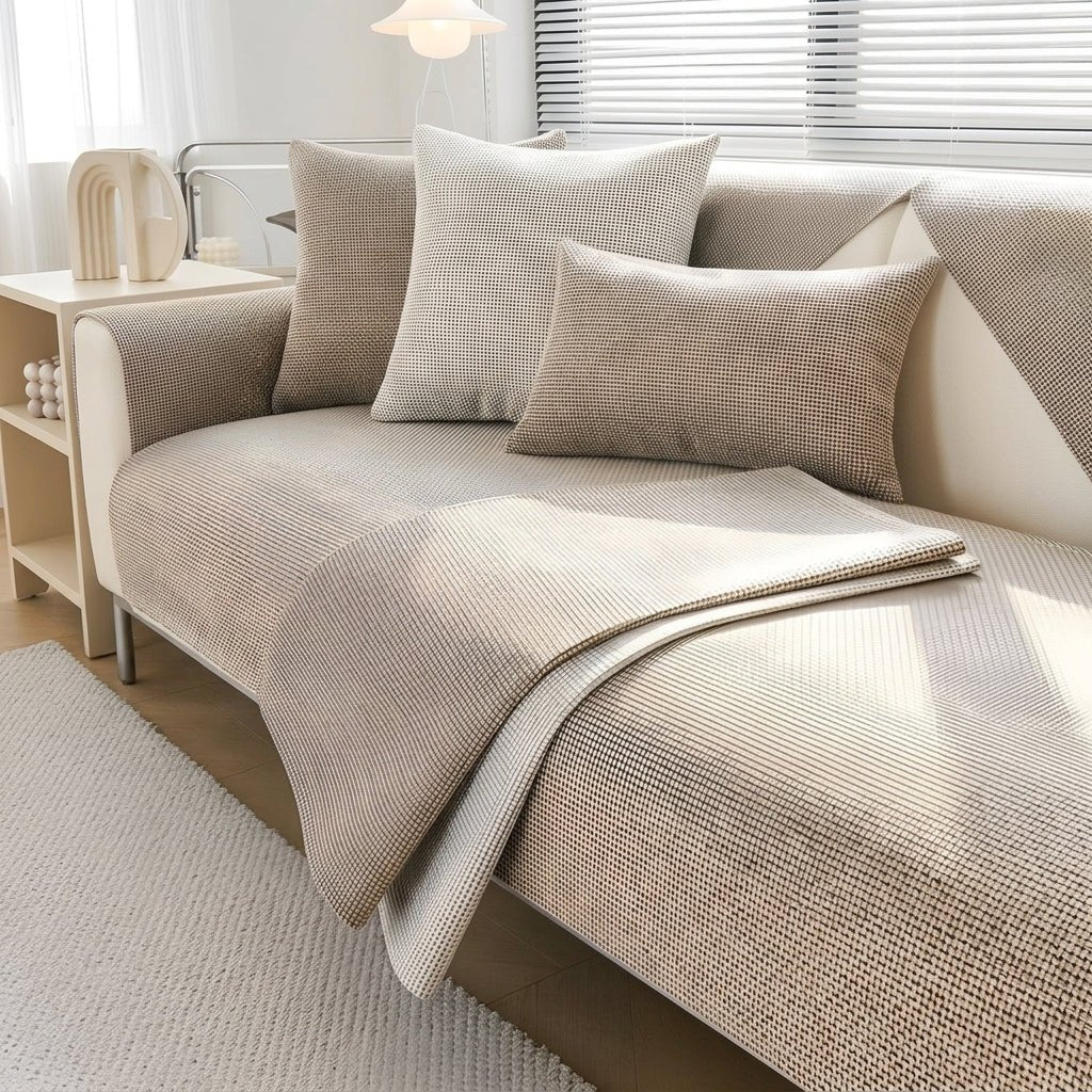 Sofa Throw with Textured Waffle Fabric Pattern - Sofa Cover - Beige - Oaksoho