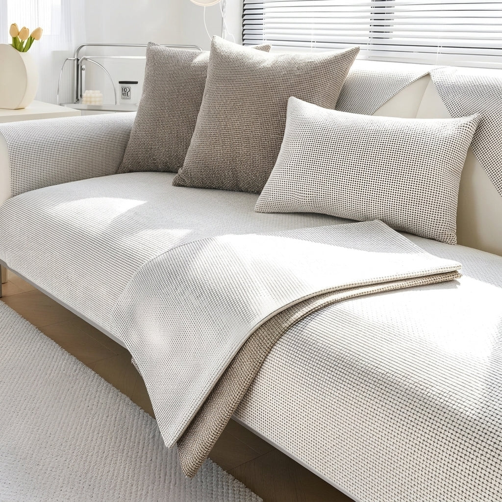Sofa Throw with Textured Waffle Fabric Pattern - Sofa Cover - White - Oaksoho