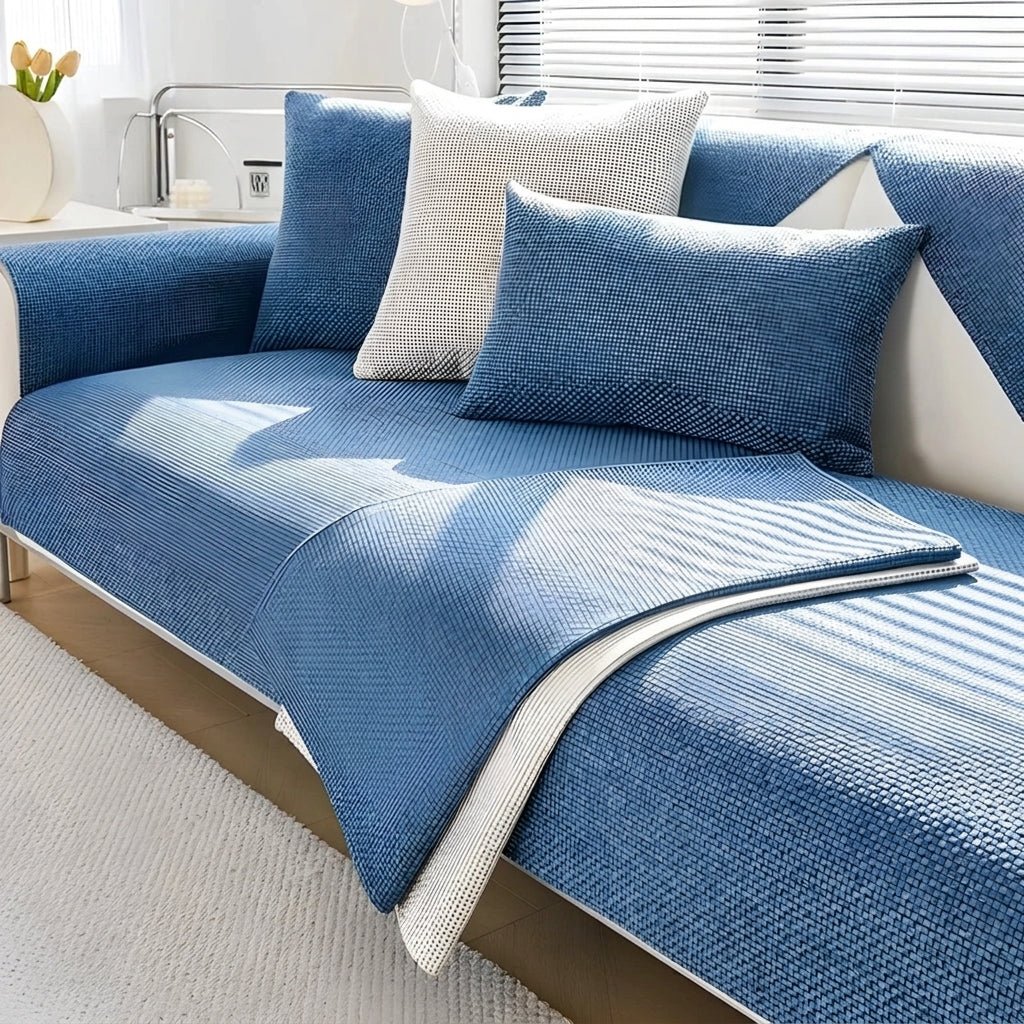 Sofa Throw with Textured Waffle Fabric Pattern - Sofa Cover - Blue - Oaksoho
