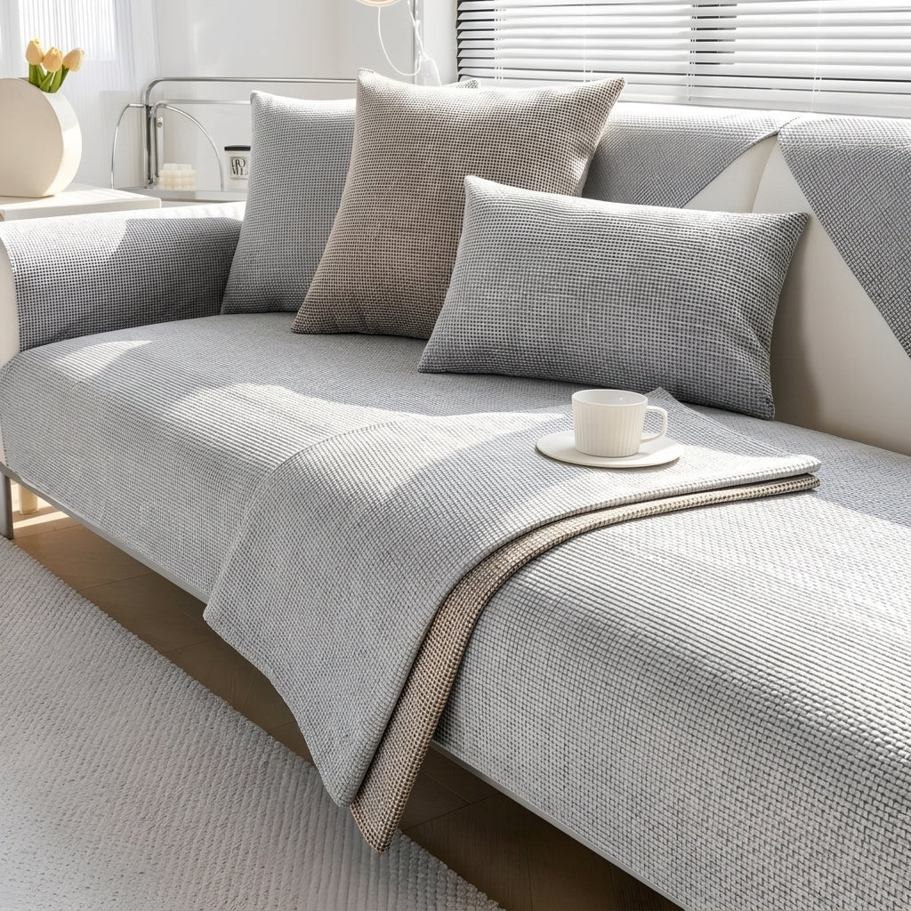 Sofa Throw with Textured Waffle Fabric Pattern - Sofa Cover - Light Grey - Oaksoho