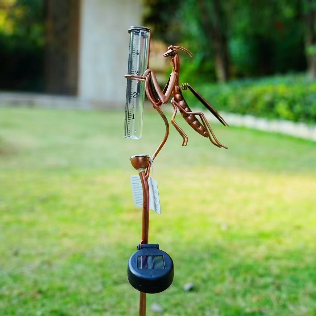 Solar Garden Praying Mantis Rain Gauge Pole with Light - Rain Gage - Oaksoho