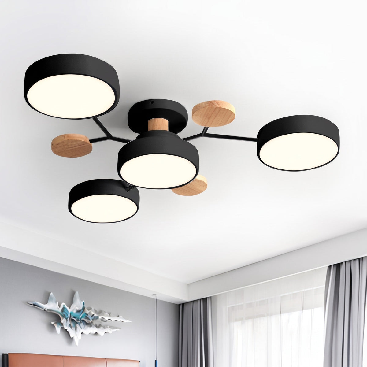 Sputnik Style Ceiling Light with Wood Accents - Ceiling Light Fixtures - Black - Oak Soho
