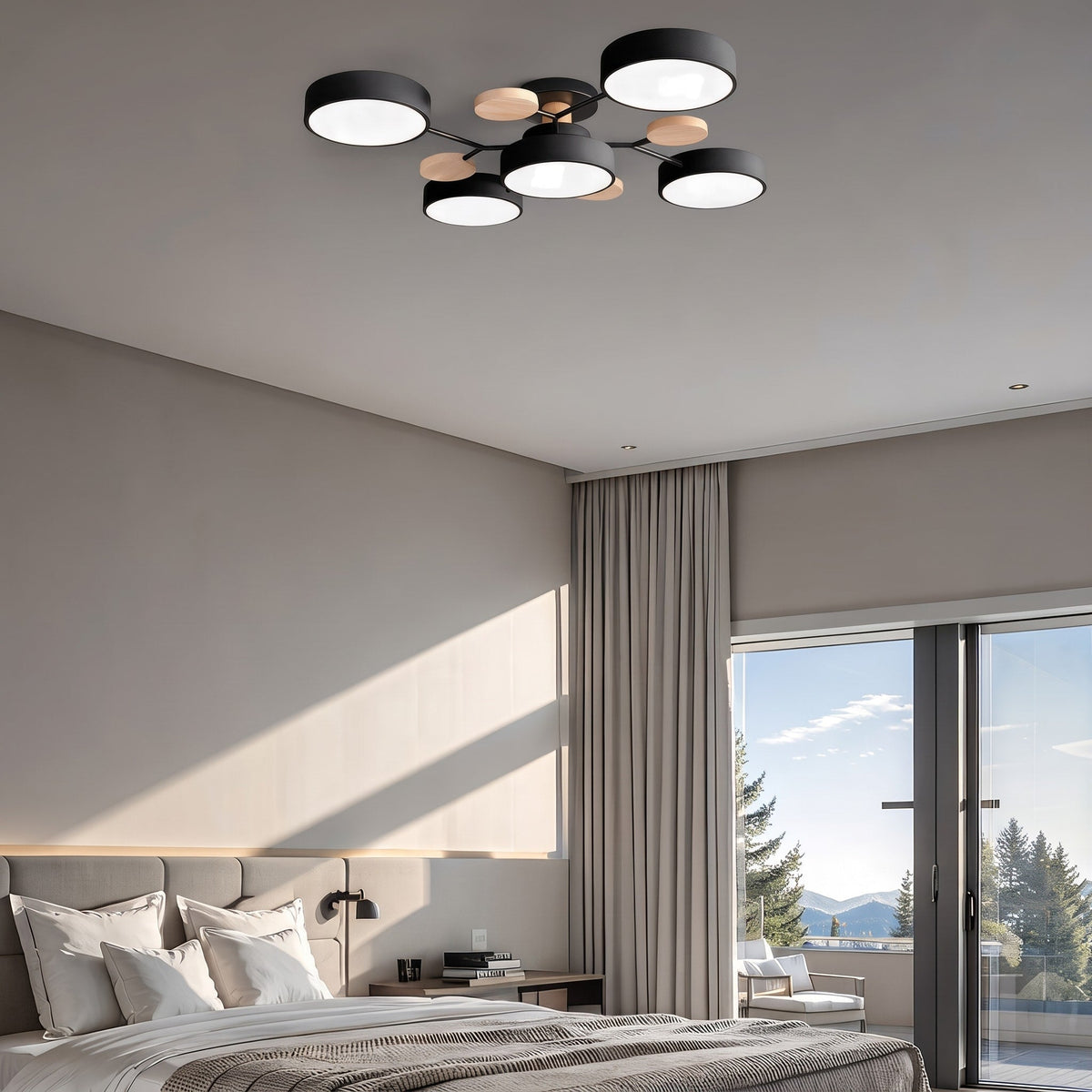Sputnik Style Ceiling Light with Wood Accents - Ceiling Light Fixtures - Black - Oak Soho