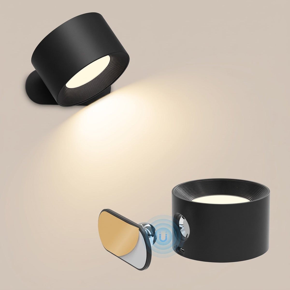 Stick-On Wall Light with Magnetic 360 Degree Rotation - Wall Light Fixtures - Black - Oak Soho