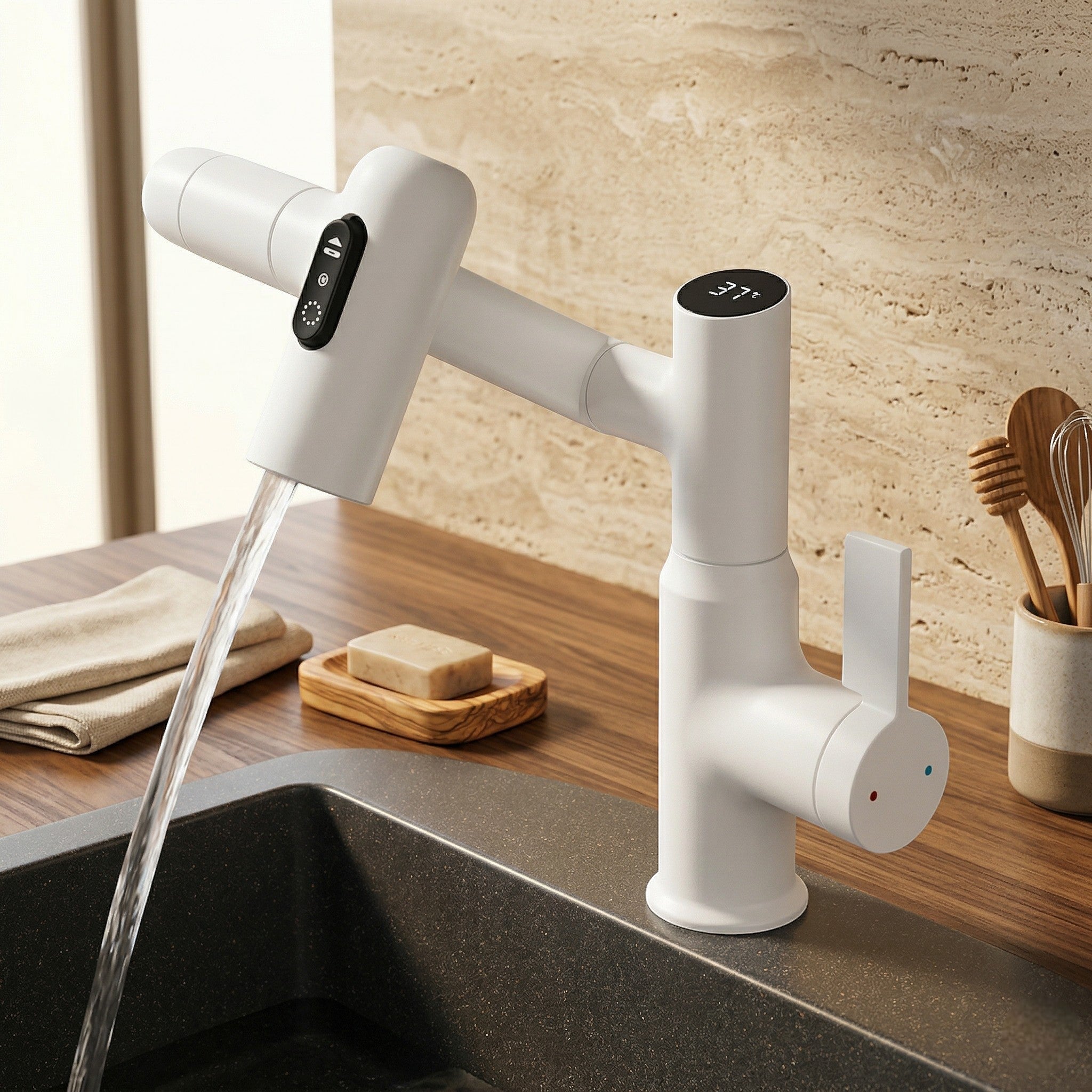 Swivel Tap with Temperature Display - Faucet - White - Oaksoho