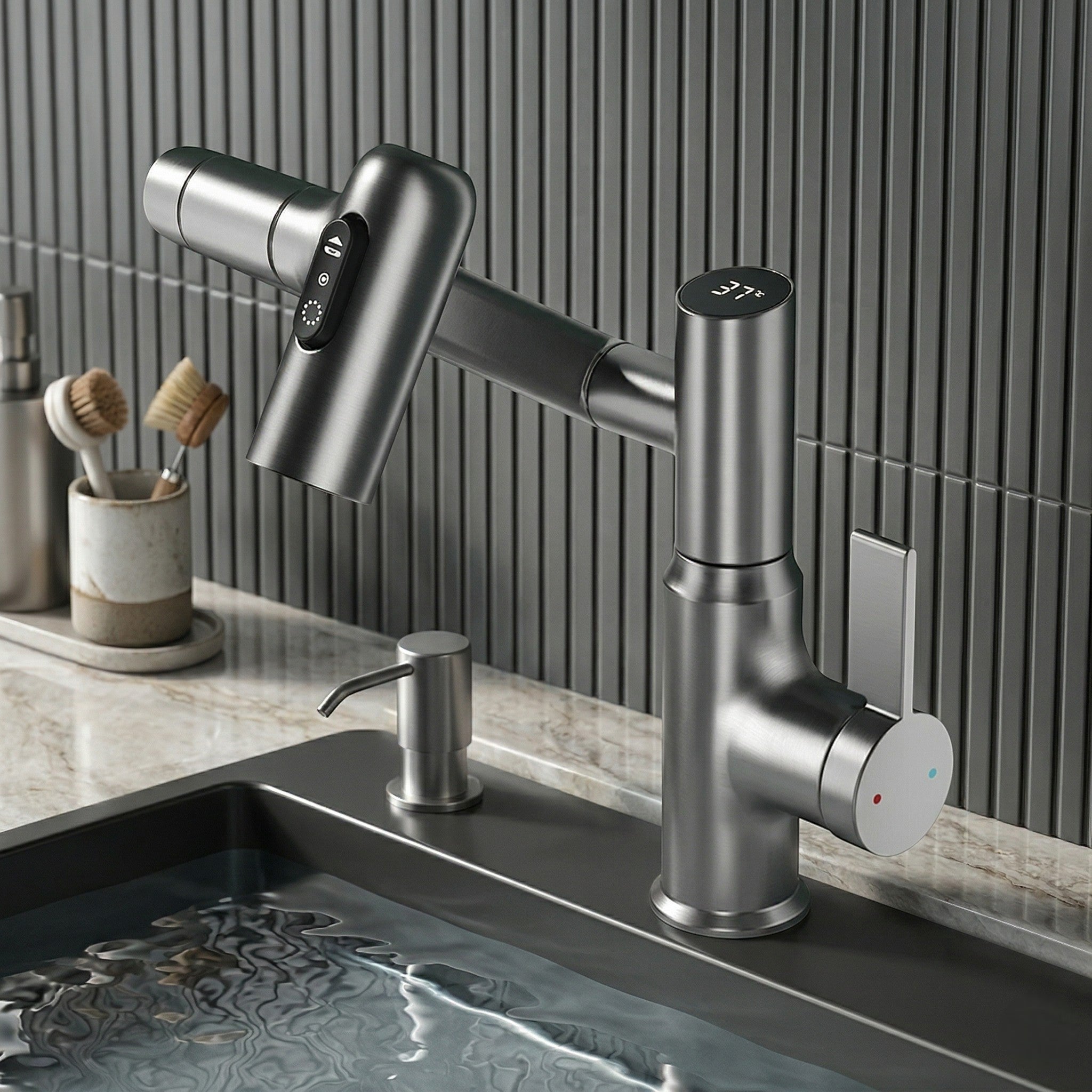 Swivel Tap with Temperature Display - Faucet - Matt Black - Oaksoho