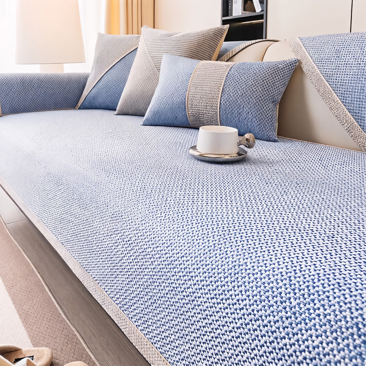 Textured Woven Sofa Cover with Non-Slip Backing - Slipcovers - Blue - Oak Soho
