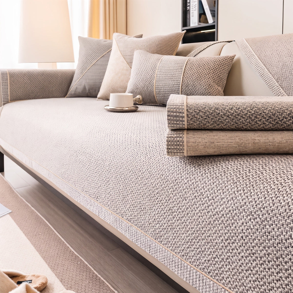 Textured Woven Sofa Cover with Non-Slip Backing - Slipcovers - Beige - Oak Soho