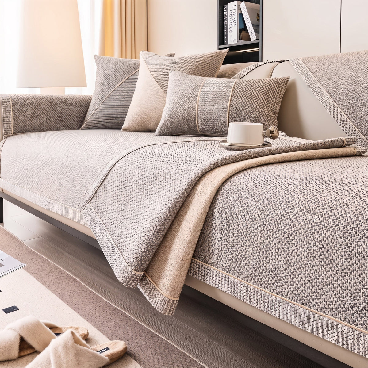 Textured Woven Sofa Cover with Non-Slip Backing - Slipcovers - Beige - Oak Soho
