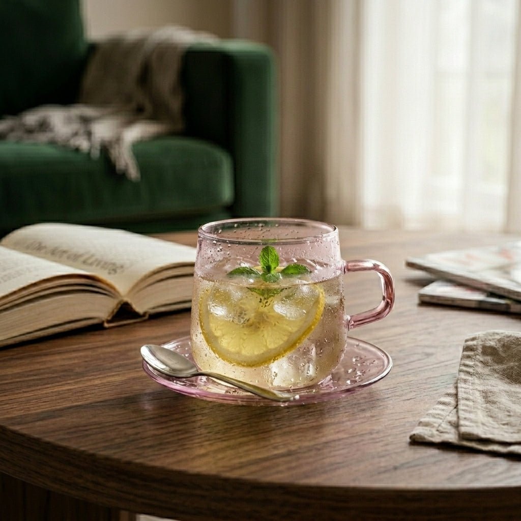 Transparent Mug with Saucer Set - Cup and Saucer - Pink - Oaksoho