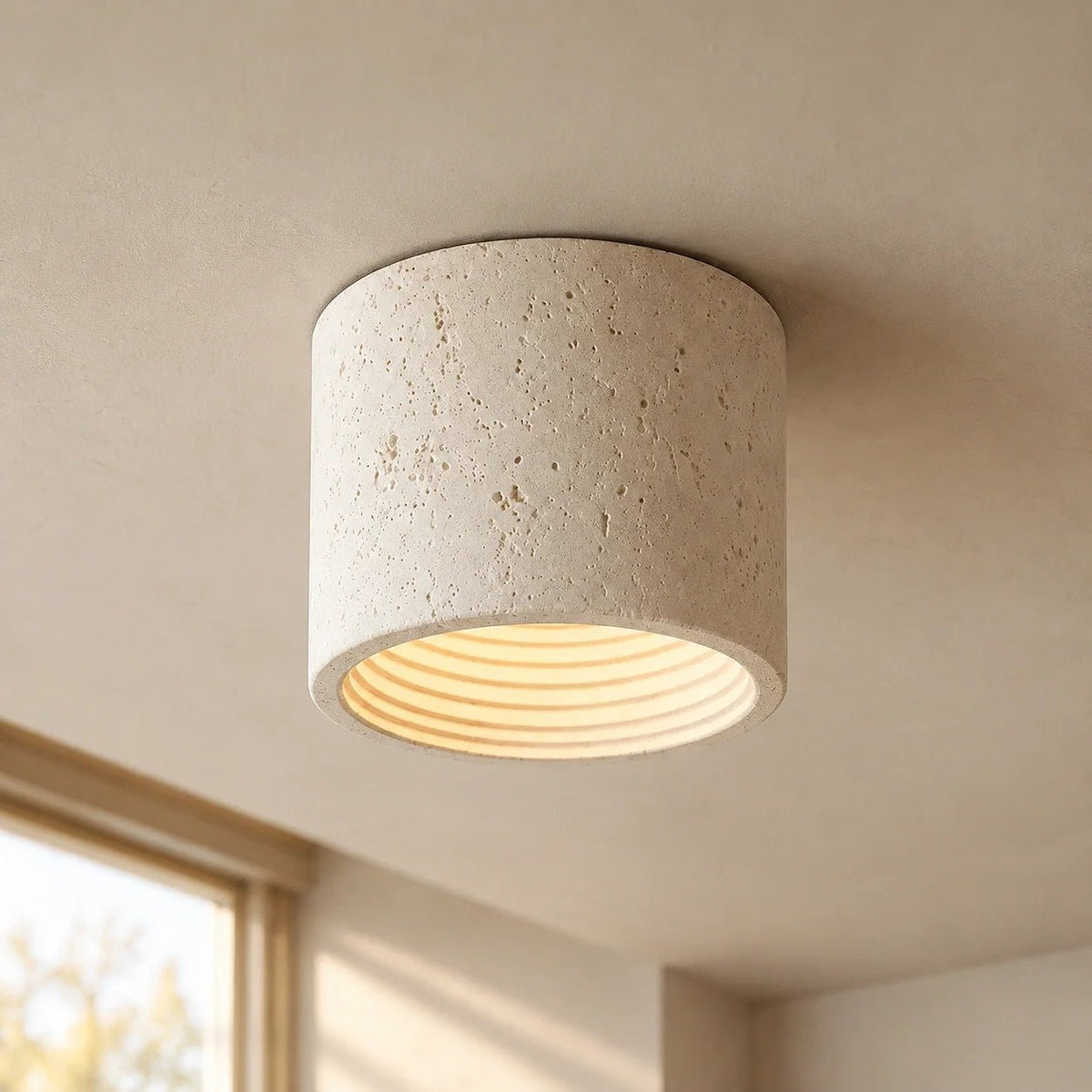 Travertine Effect Cylinder Ceiling Light Flush Mount - Ceiling Light Fixtures - White - Oak Soho