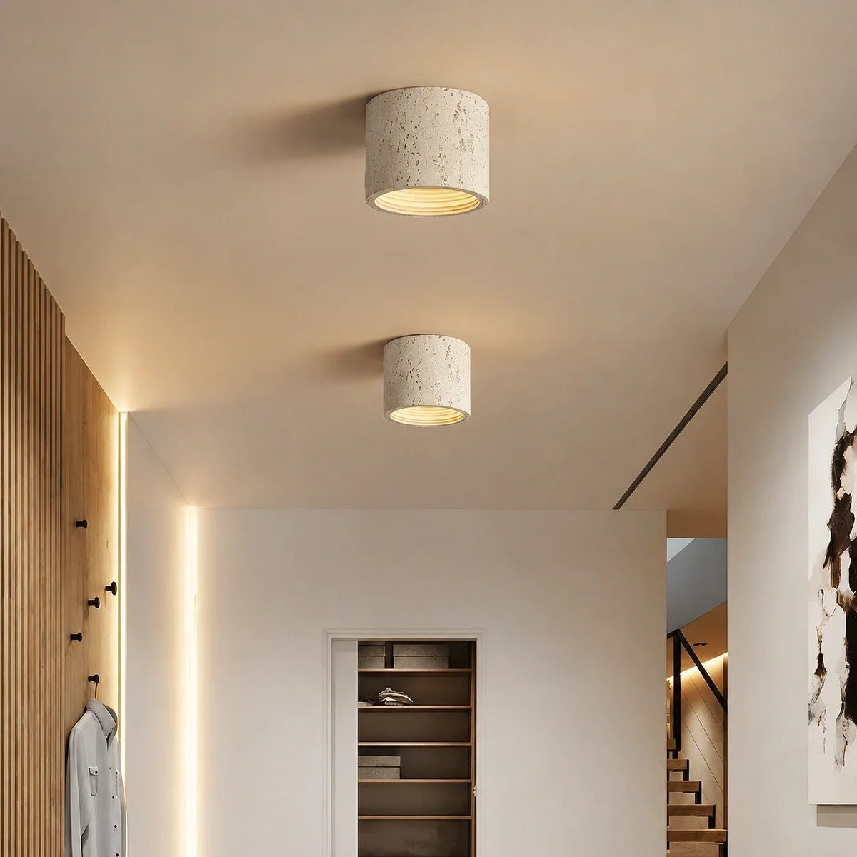 Travertine Effect Cylinder Ceiling Light Flush Mount - Ceiling Light Fixtures - White - Oak Soho