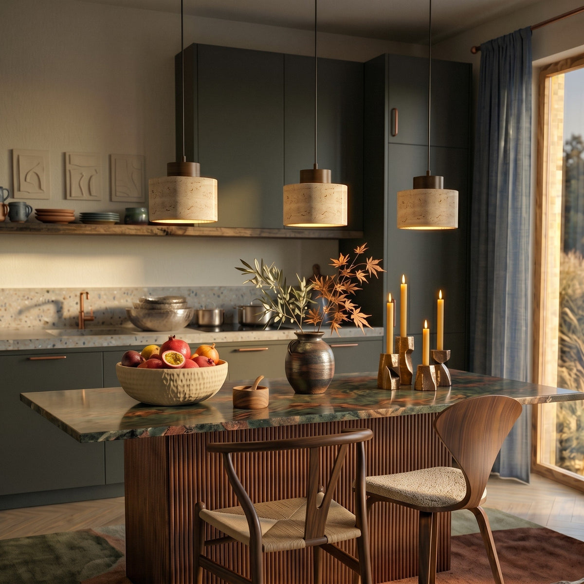 Travertine Pendant Light with Wooden Top - Pendant Light Fixtures - Walnut - Oak Soho