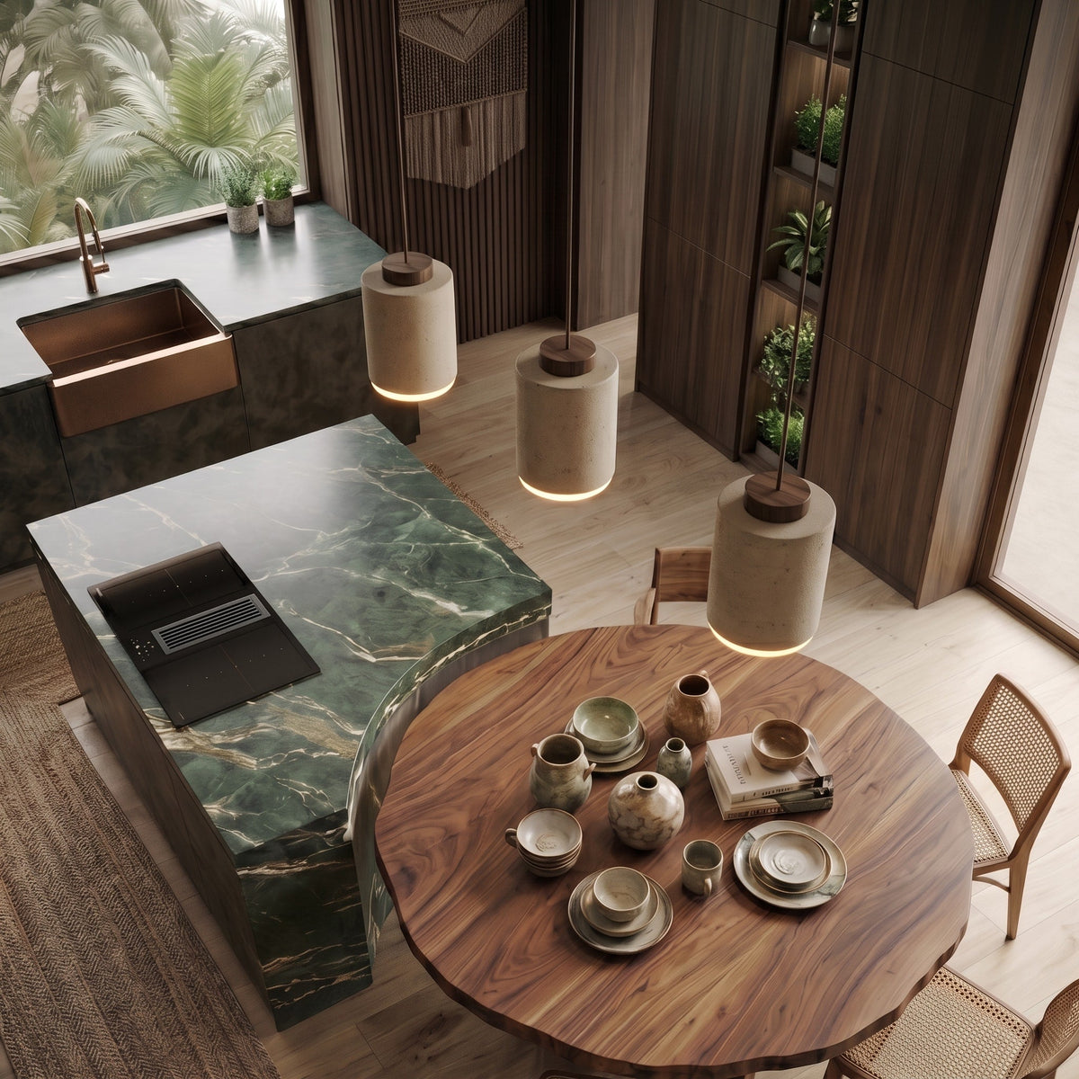 Travertine Pendant Light with Wooden Top - Pendant Light Fixtures - Walnut - Oak Soho