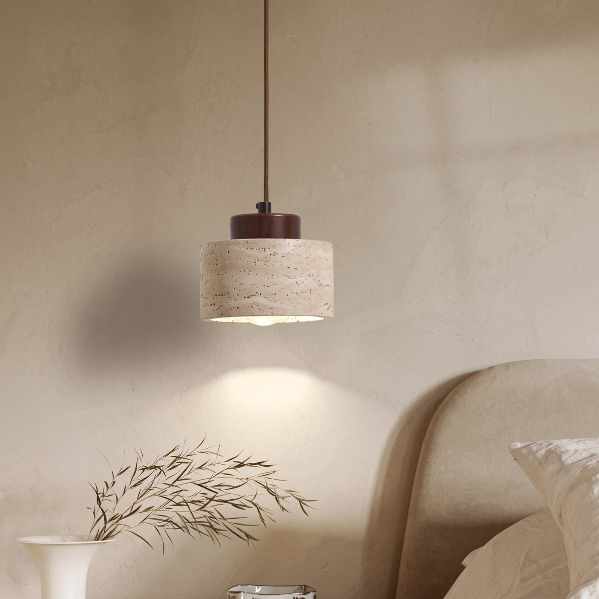 Travertine Pendant Light with Wooden Top - Pendant Light Fixtures - Walnut - Oak Soho
