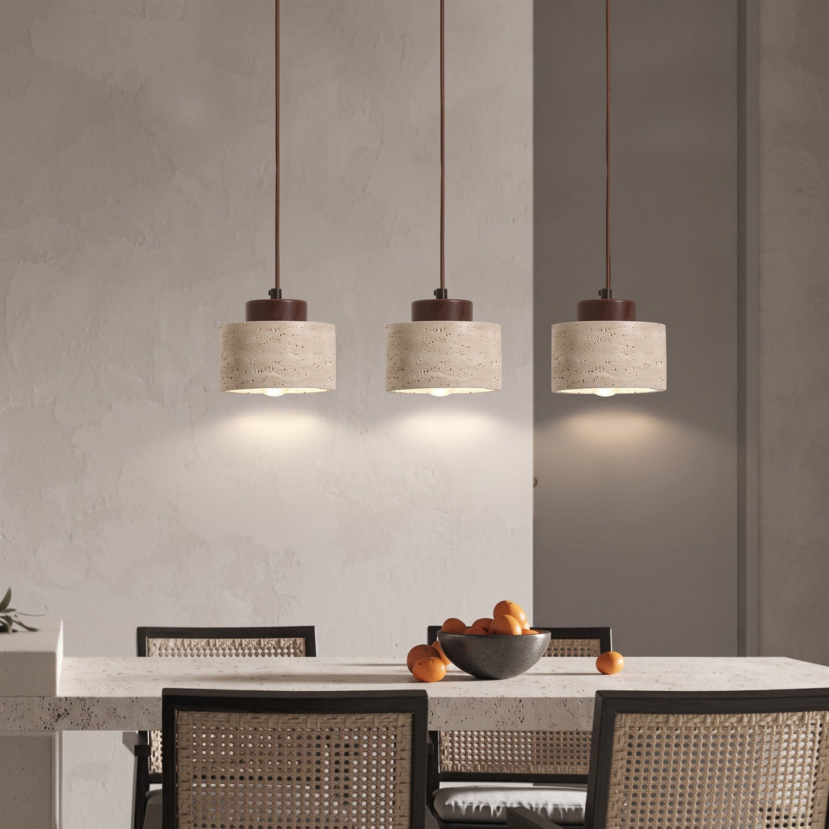 Travertine Pendant Light with Wooden Top - Pendant Light Fixtures - Walnut - Oak Soho