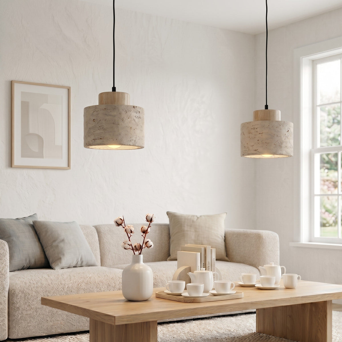 Travertine Pendant Light with Wooden Top - Pendant Light Fixtures - Oak - Oak Soho