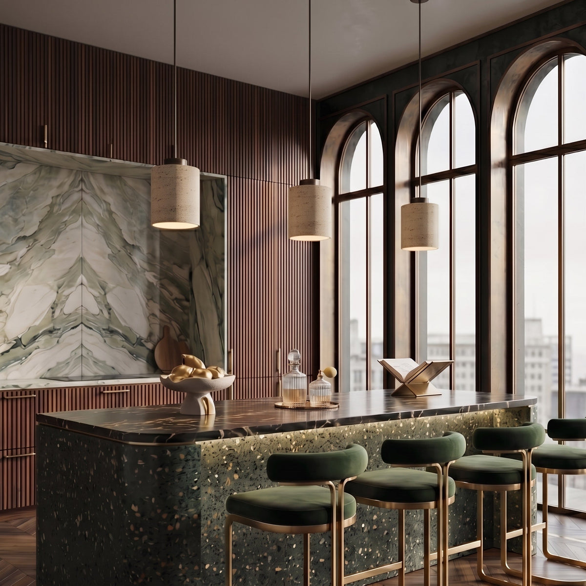Travertine Pendant Light with Wooden Top - Pendant Light Fixtures - Walnut - Oak Soho