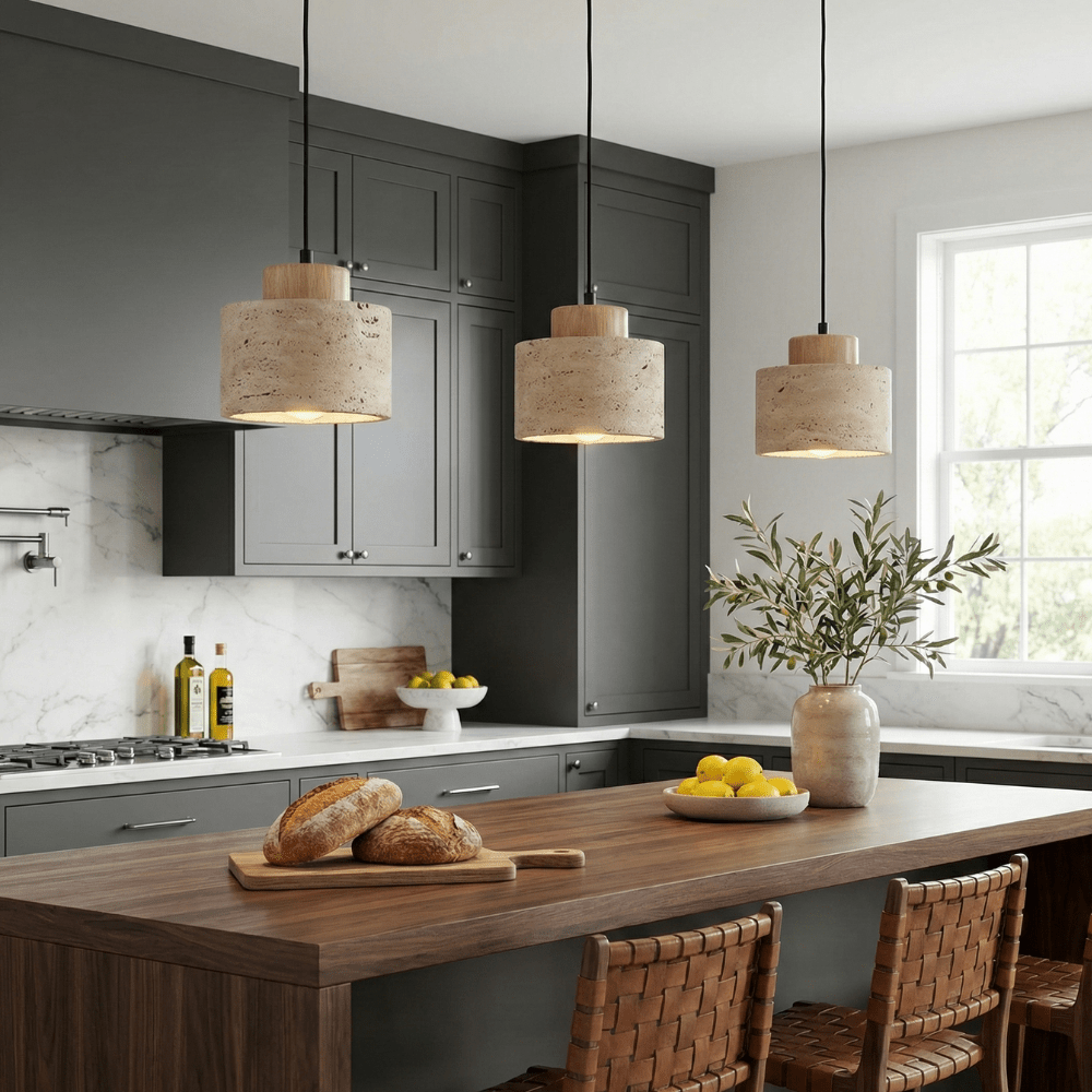 Travertine Pendant Light with Wooden Top - Pendant Light Fixtures - Oak - Oak Soho