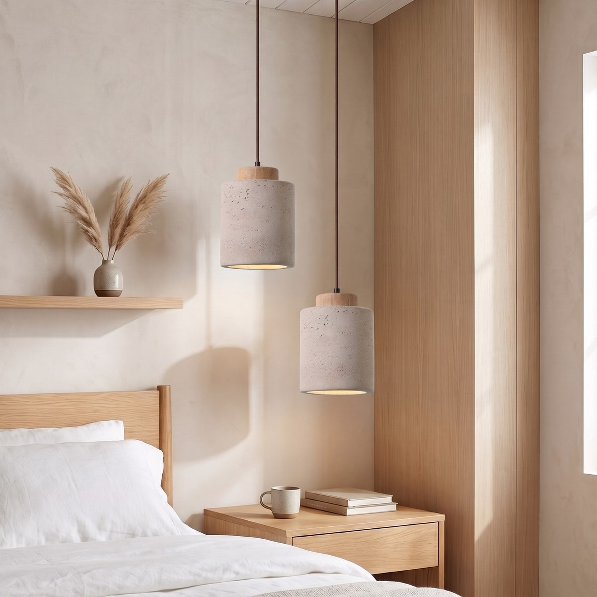 Travertine Pendant Light with Wooden Top - Pendant Light Fixtures - Oak - Oak Soho