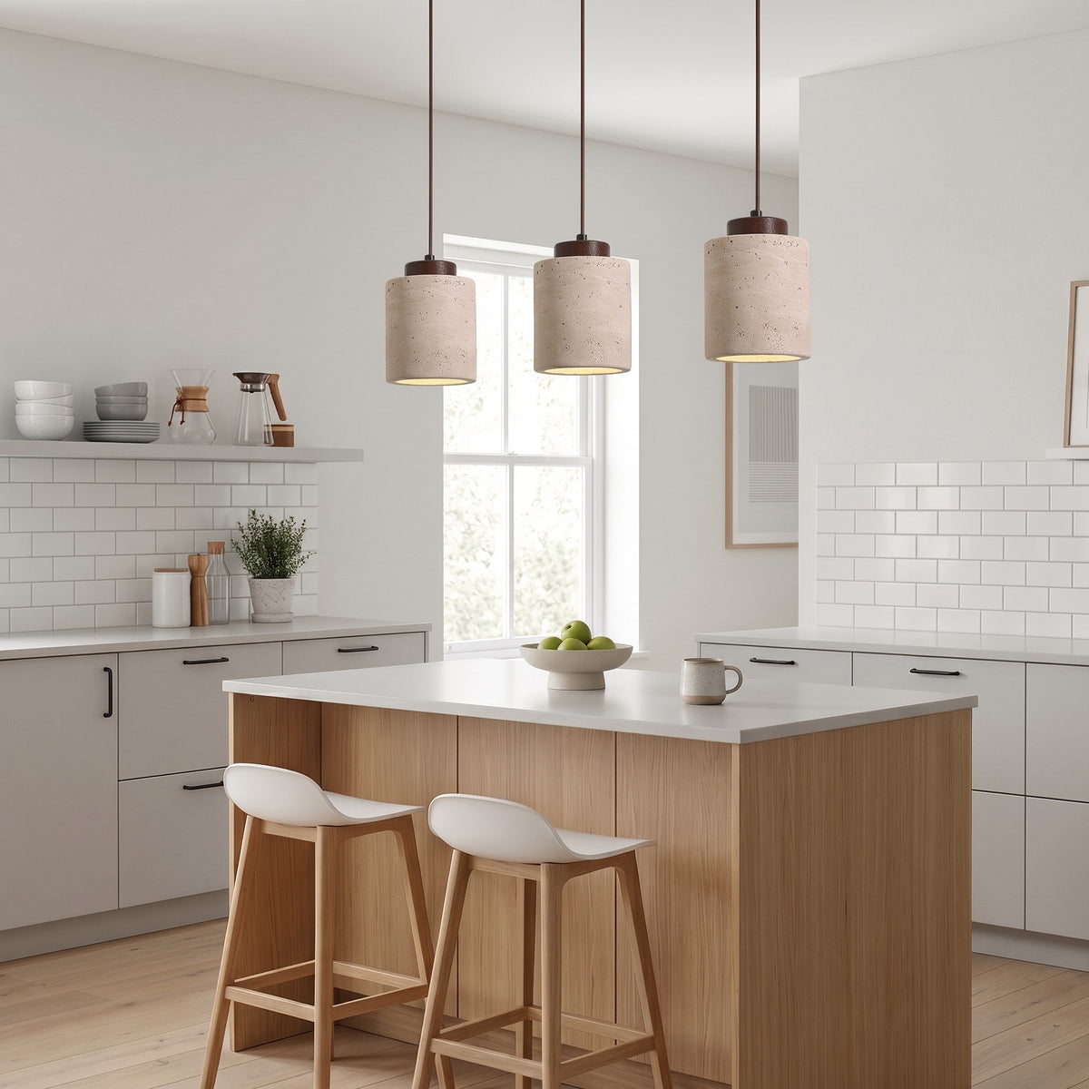 Travertine Pendant Light with Wooden Top - Pendant Light Fixtures - Walnut - Oak Soho