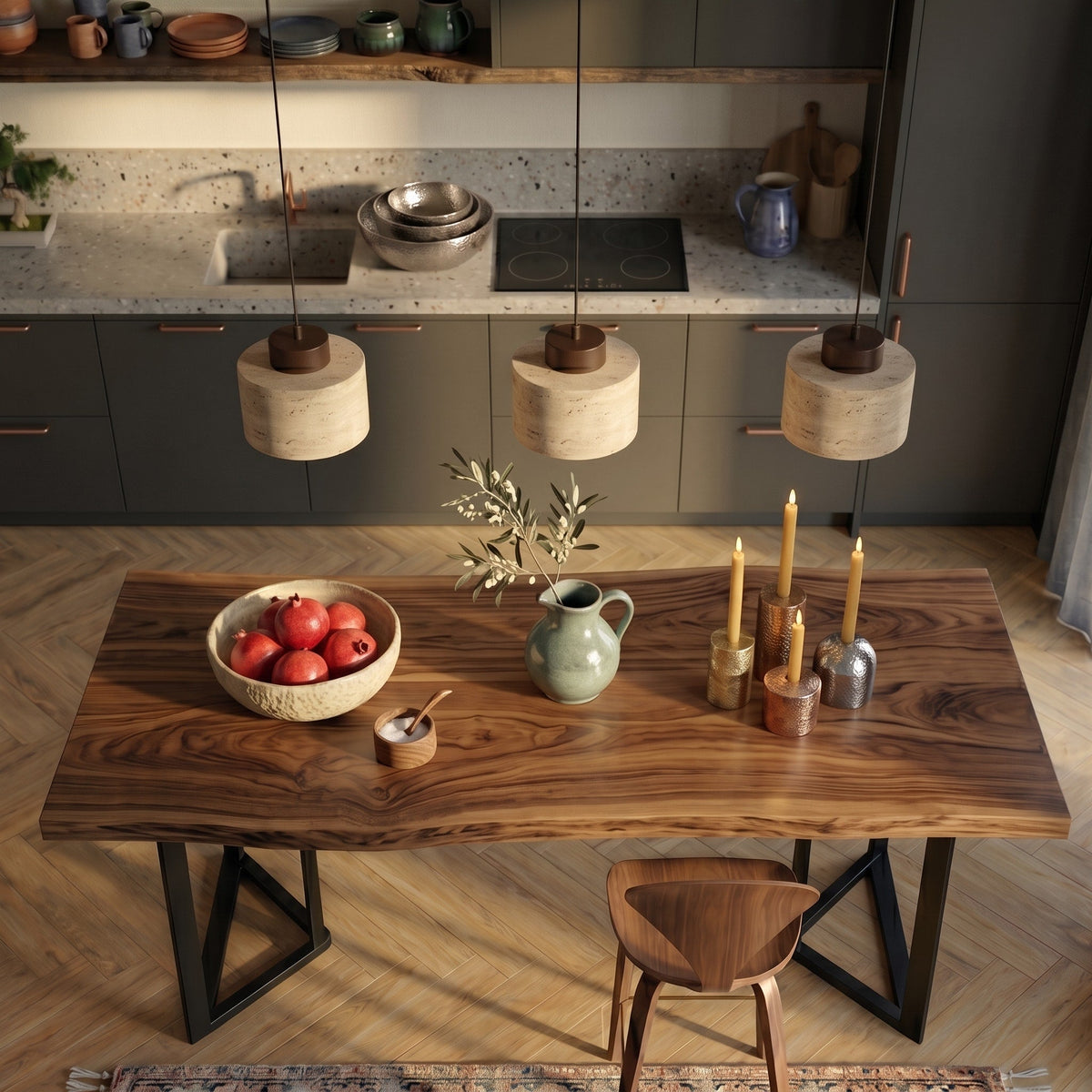 Travertine Pendant Light with Wooden Top - Pendant Light Fixtures - Walnut - Oak Soho