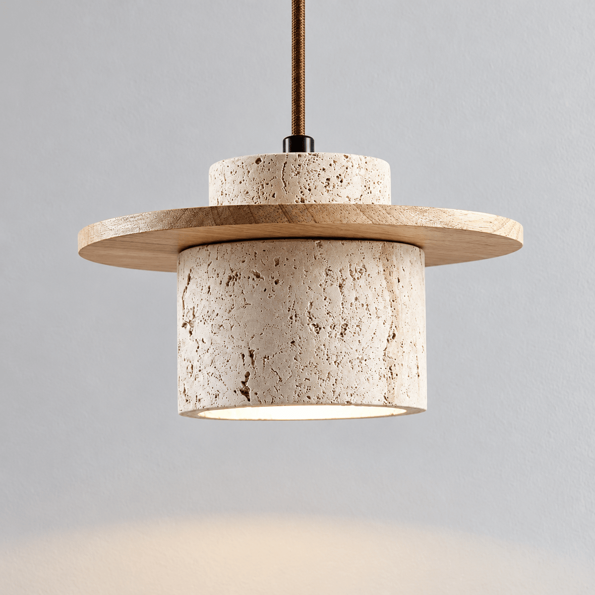 Travertine Stone Pendant Light with Wooden Disc Accent - Pendant Light Fixtures - Light Brown - Oak Soho