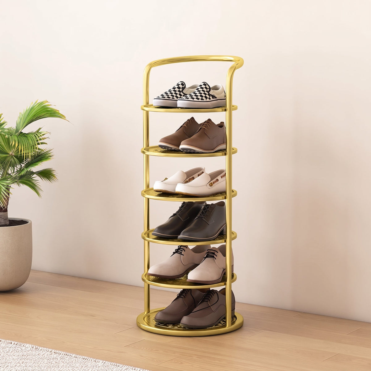 Vertical Round Open Tier Shoe Rack Entryway Storage - Shoe Racks - Gold - Oak Soho