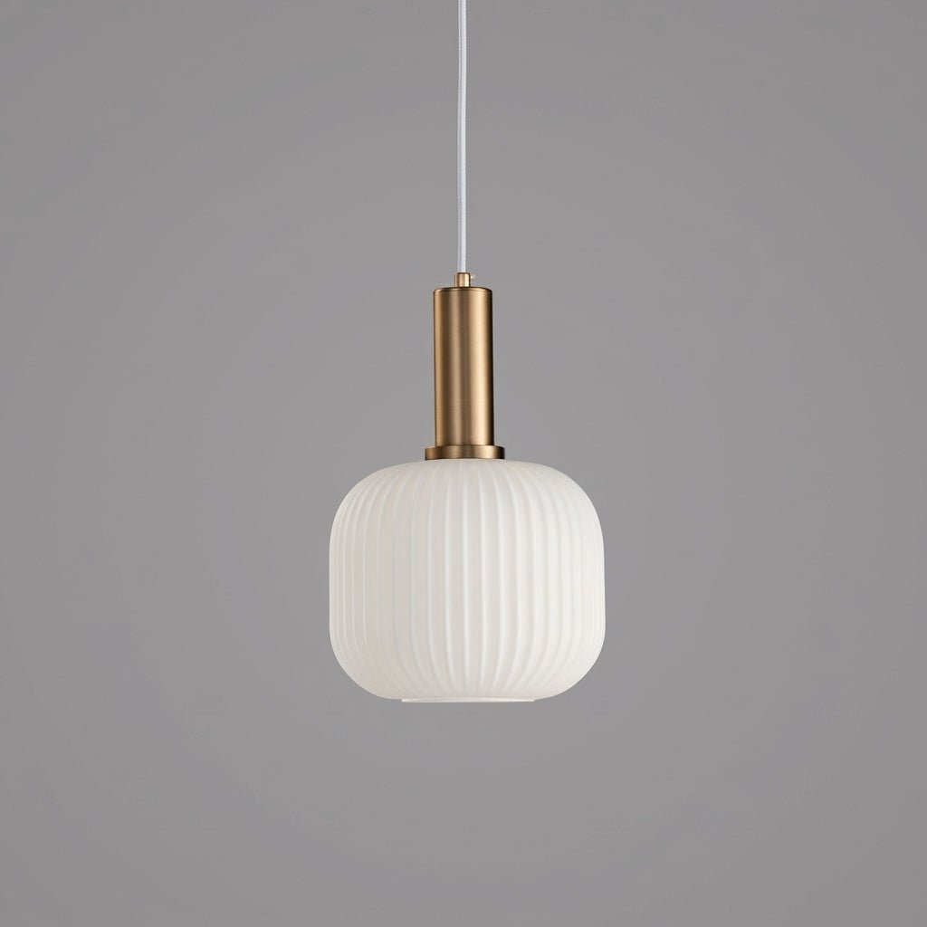 Vintage Ribbed Glass Pendant Light with Brass Fixture - Pendant Light - White - Oaksoho