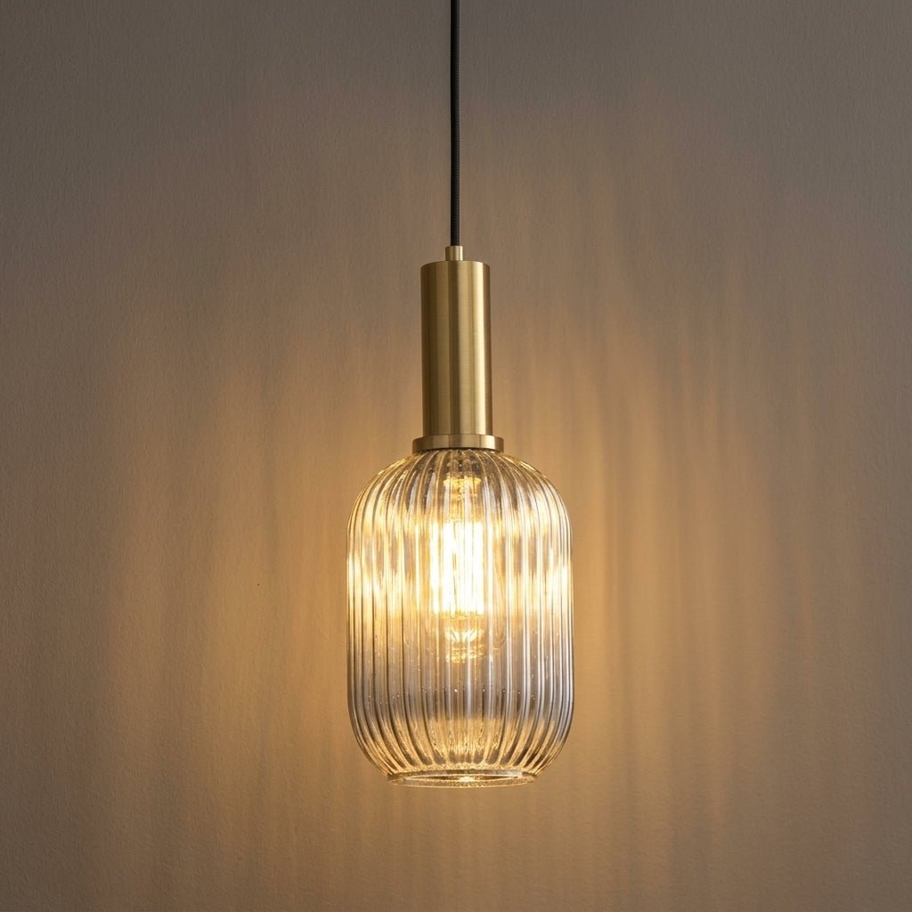 Vintage Ribbed Glass Pendant Light with Brass Fixture - Pendant Light - Brown - Oaksoho