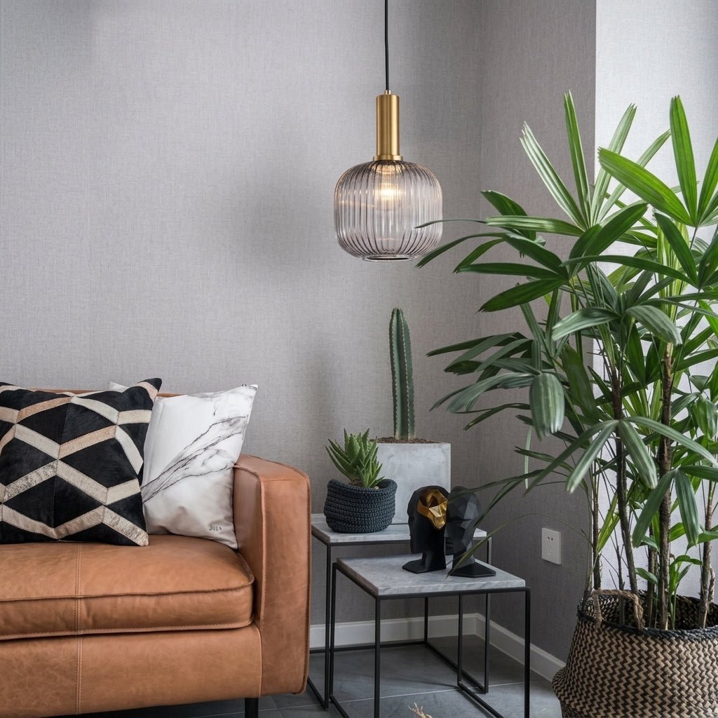 Vintage Ribbed Glass Pendant Light with Brass Fixture - Pendant Light - Grey - Oaksoho