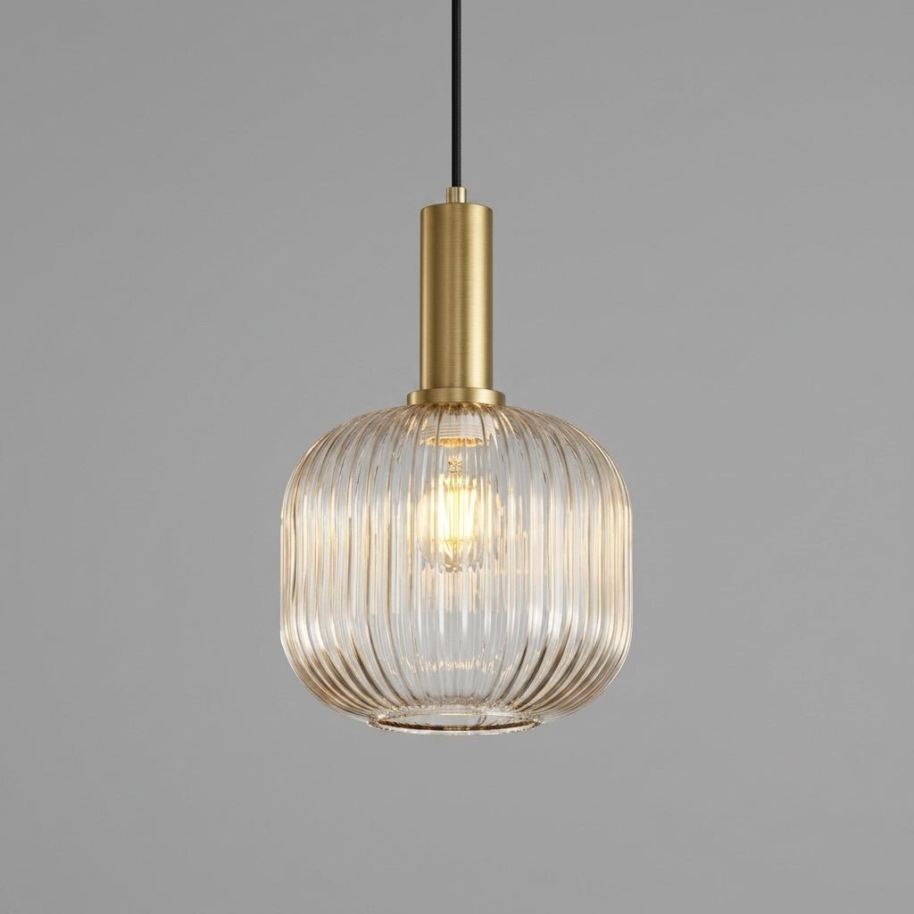 Vintage Ribbed Glass Pendant Light with Brass Fixture - Pendant Light - Brown - Oaksoho