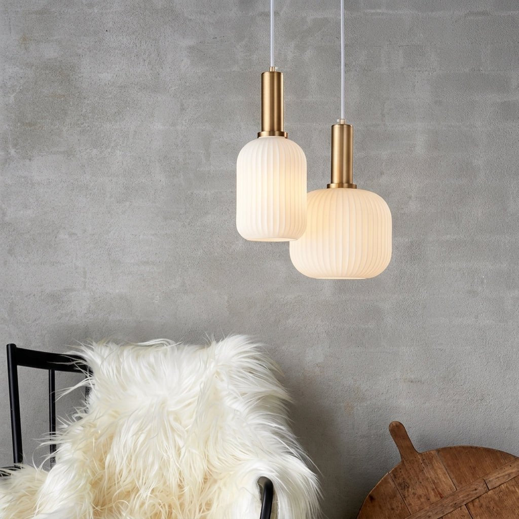 Vintage Ribbed Glass Pendant Light with Brass Fixture - Pendant Light - White - Oaksoho