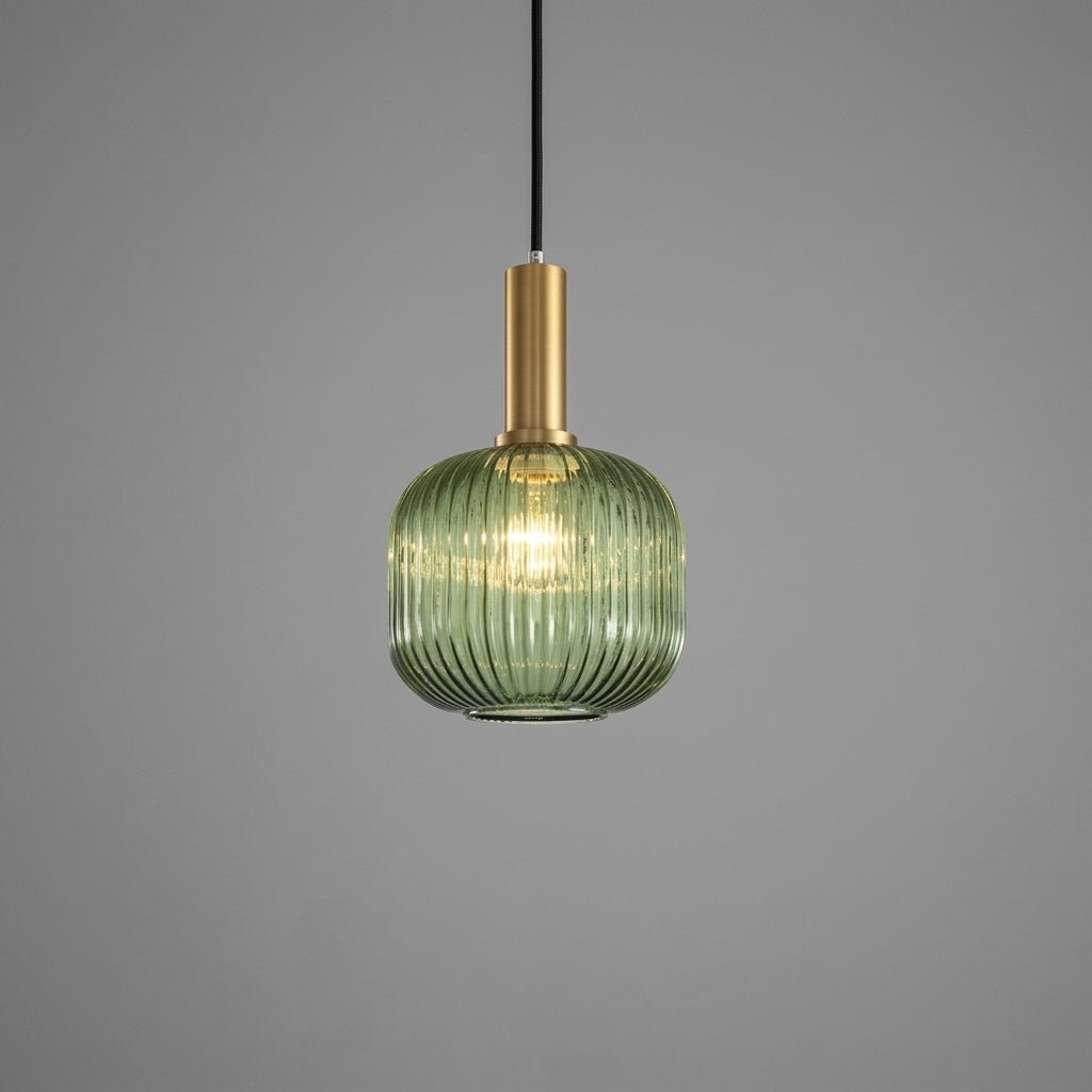 Vintage Ribbed Glass Pendant Light with Brass Fixture - Pendant Light - Green - Oaksoho