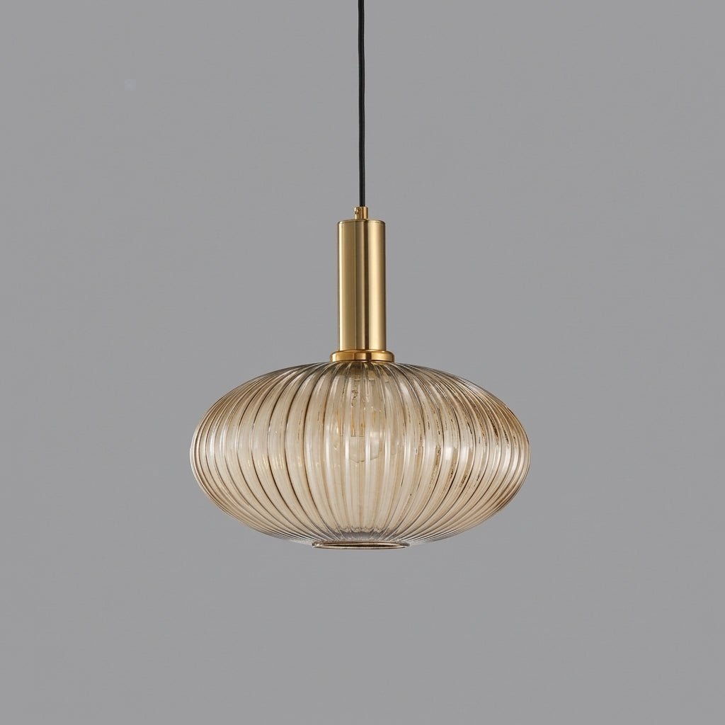 Vintage Ribbed Glass Pendant Light with Brass Fixture - Pendant Light - Brown - Oaksoho
