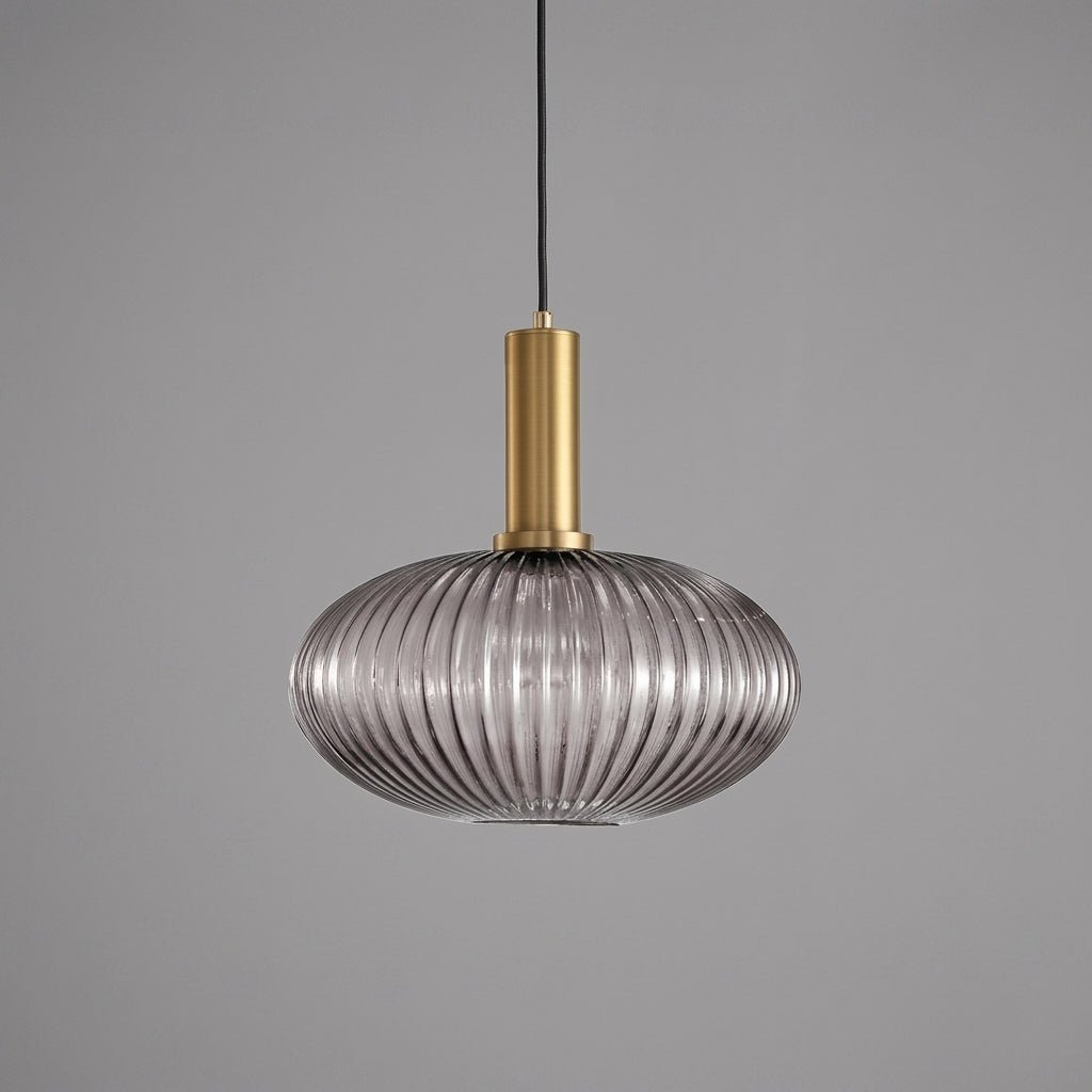 Vintage Ribbed Glass Pendant Light with Brass Fixture - Pendant Light - Grey - Oaksoho