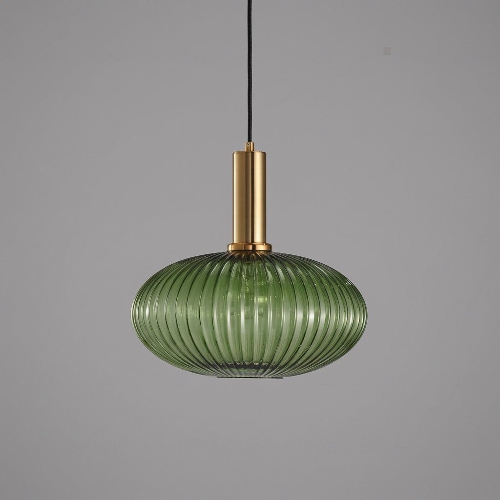 Vintage Ribbed Glass Pendant Light with Brass Fixture - Pendant Light - Green - Oaksoho