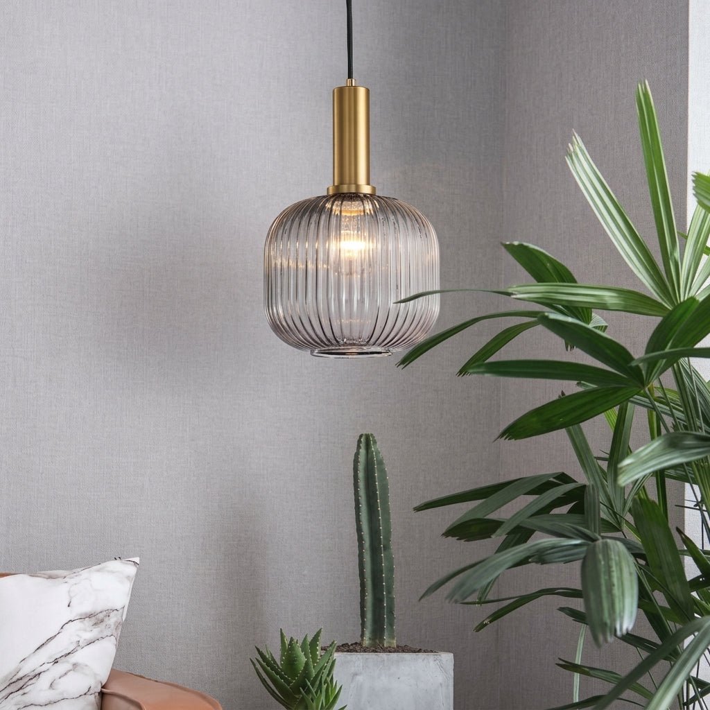 Vintage Ribbed Glass Pendant Light with Brass Fixture - Pendant Light - Grey - Oaksoho