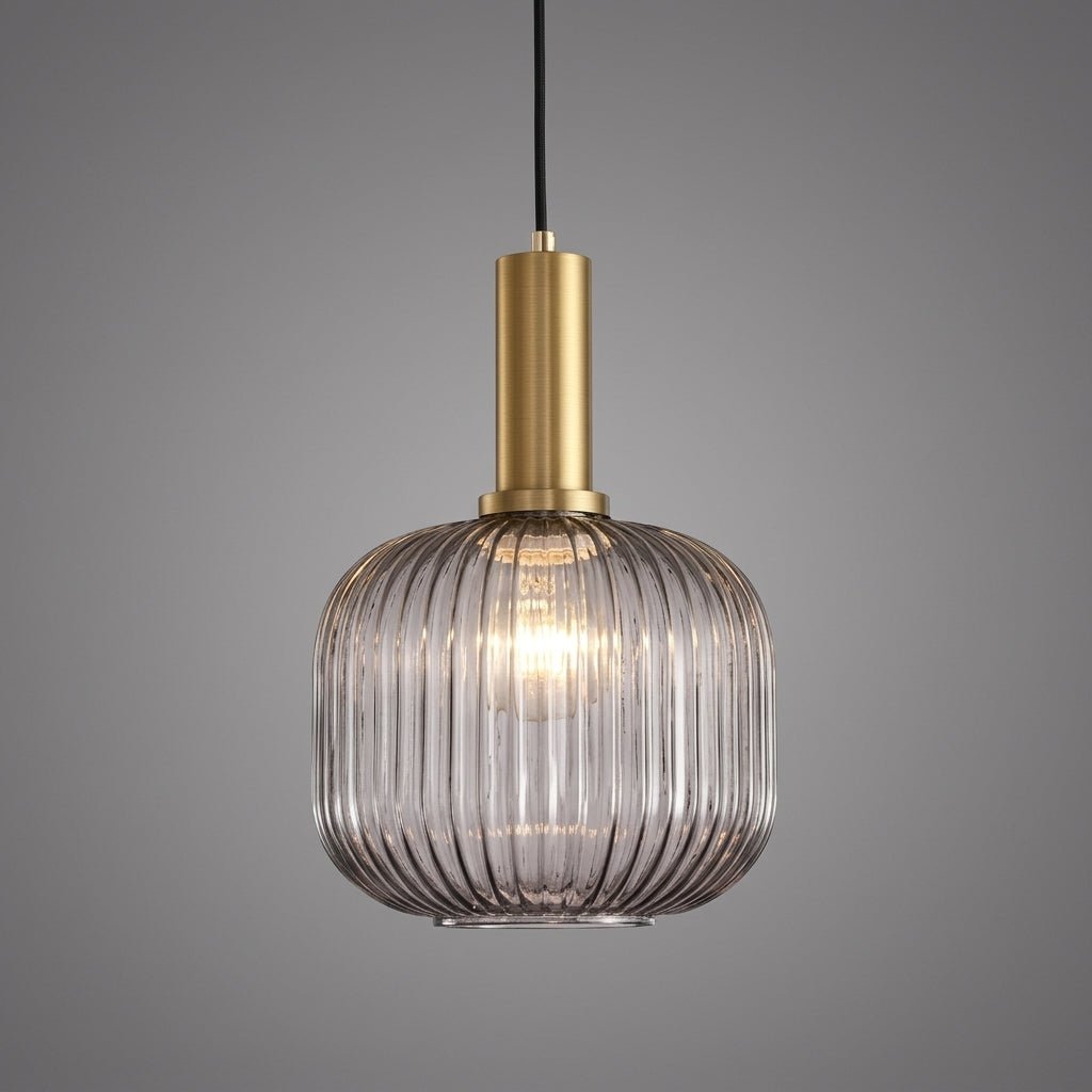 Vintage Ribbed Glass Pendant Light with Brass Fixture - Pendant Light - Grey - Oaksoho