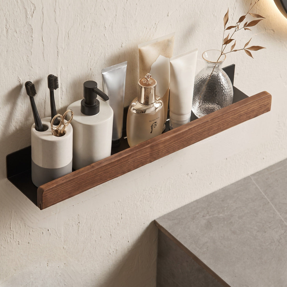 Wall Shelf with Wood Front Bathroom Storage Rack - Rack Wall Shelves & Ledges - Brown - Oaksoho