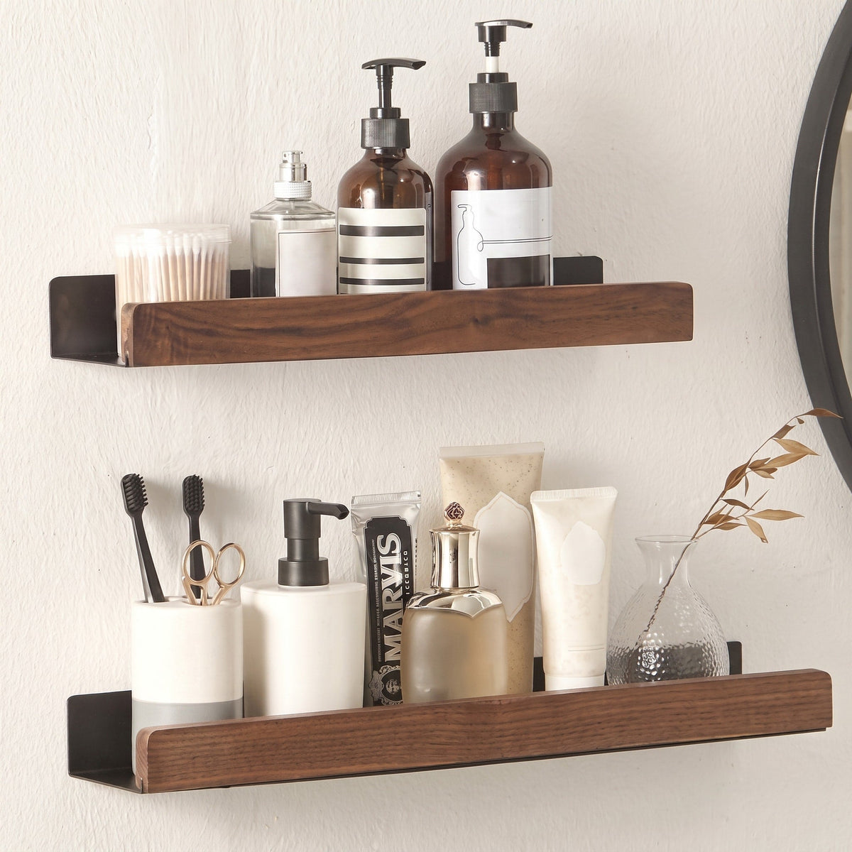 Wall Shelf with Wood Front Bathroom Storage Rack - Rack Wall Shelves & Ledges - Brown - Oaksoho